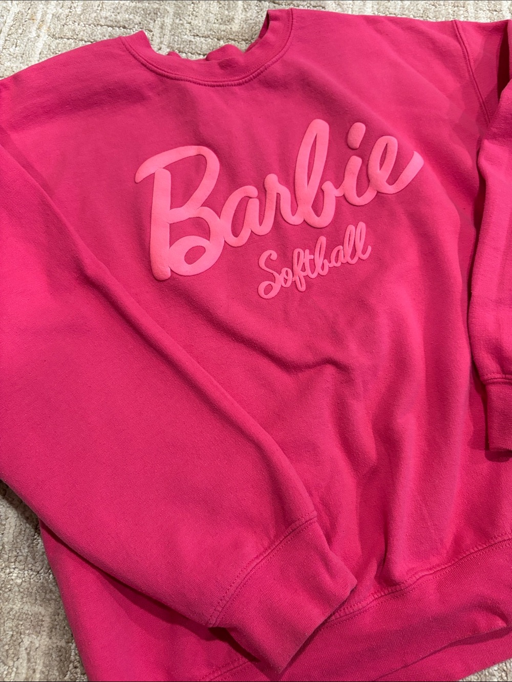 Gildan Heavy Blend Puff Print Barbie Softball Crewneck Sweatshirt - Hot Pink